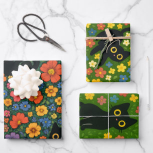 Feuille De Papier Cadeau Art du jardin kawaii – Motif floral de chat noir m