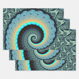 Feuille De Papier Cadeau Art fractal spirale abstrait bleu turquoise orange