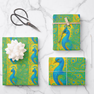 Feuille De Papier Cadeau Art Nouveau Peacock Jaune Damas motif