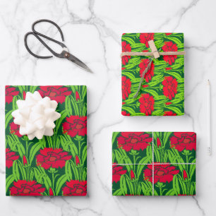 Feuille De Papier Cadeau Art Nouveau rouge oeillets damas floral