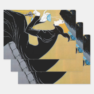 Feuille De Papier Cadeau Art Nouveau vintage, Dame buvant du thé Marco Polo
