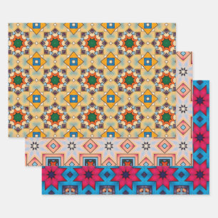 Feuille De Papier Cadeau Art Tribal Native En Gras Couleurs Motif Set 3