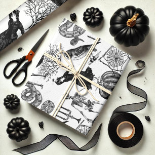 Feuille De Papier Cadeau Art vintage de la ligne d'Halloween noir et blanc