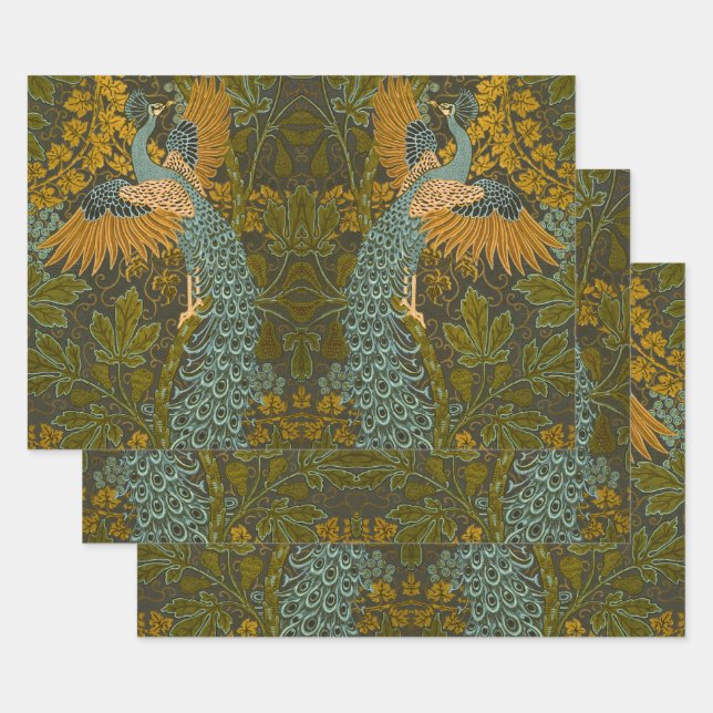 Feuille De Papier Cadeau Arts et artisanat Walter Crane Motif Paon (Lot)