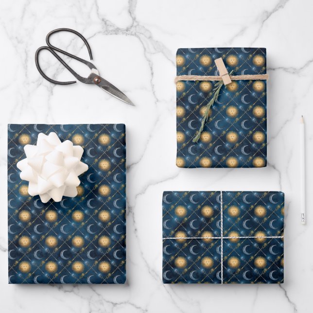 Feuille De Papier Cadeau Assistant Baguette Céleste Arrière - plan bleu lun (Recto)
