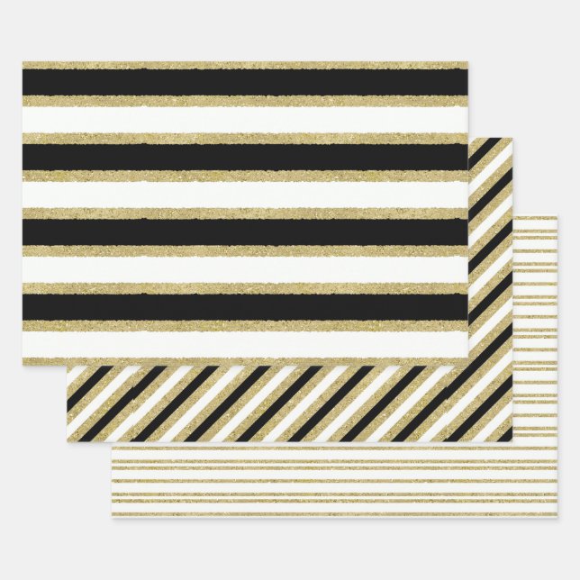 Feuille De Papier Cadeau Assortiment Black White Gold Stripes (Lot)