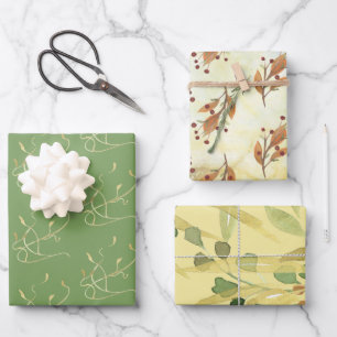 Feuille De Papier Cadeau Assortiment botanique aquarelle vert et or