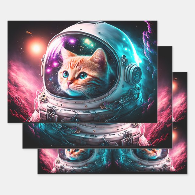 Feuille De Papier Cadeau Astronaut de chat spatial drôle Kitty Galaxy Unive (Lot)