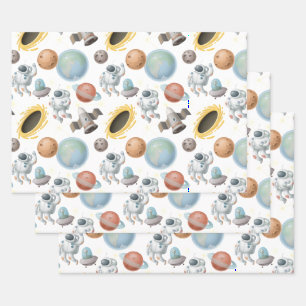 Feuille De Papier Cadeau Astronautes, roquettes et planètes en blanc