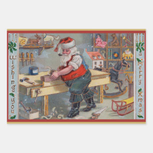 Feuille De Papier Cadeau Atelier de jouets de Noël vintage Retro Père Noël