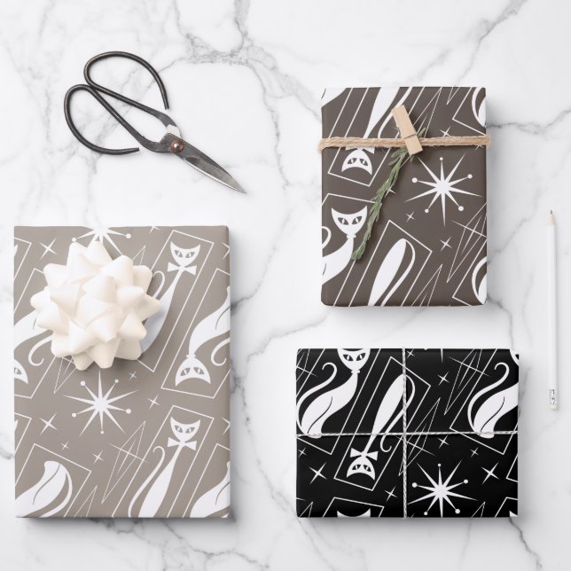 Feuille De Papier Cadeau Atomique Star Cat MidCentury Moderne MCM de Noël (Recto)