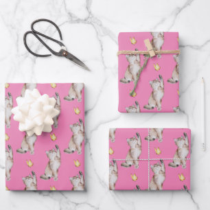 Feuille De Papier Cadeau Atteinte de chats pour papillon jaune sur rose