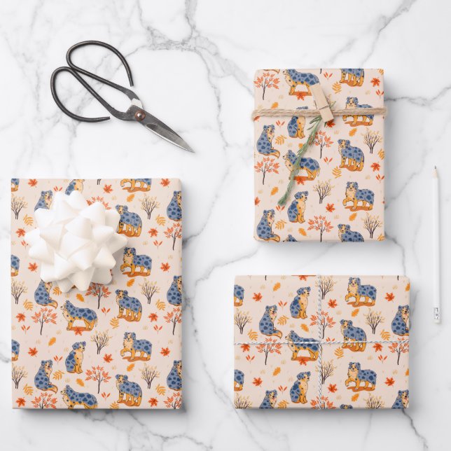 Feuille De Papier Cadeau Australian Shepherd'automne quitte Bushes Motif (Recto)