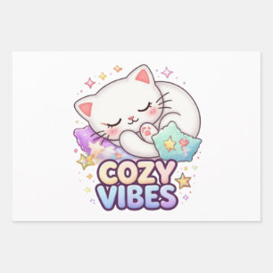 Feuille De Papier Cadeau Autocollant de chat ambiance cosy   Joli chat endo