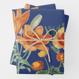 Feuille De Papier Cadeau Automne Aquarelle d'automne Orange Floral Bleu