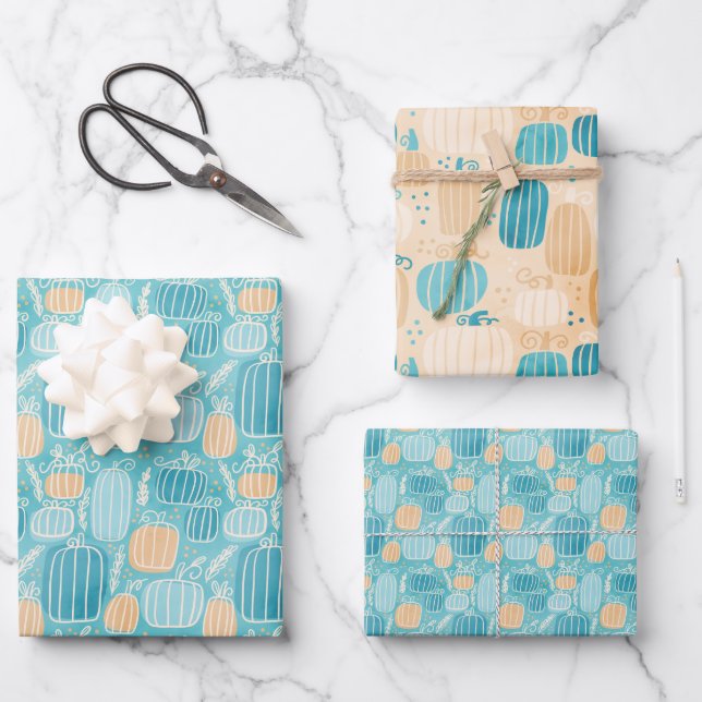 Feuille De Papier Cadeau Automne Citrouilles Turquoises (Recto)