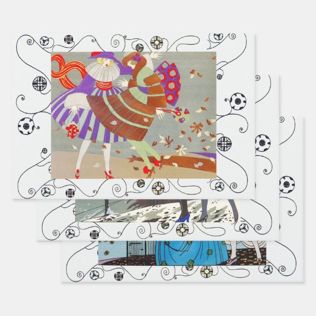 Feuille De Papier Cadeau Automne, Hiver Printemps Art Déco Femme Beauté Mod (Lot)