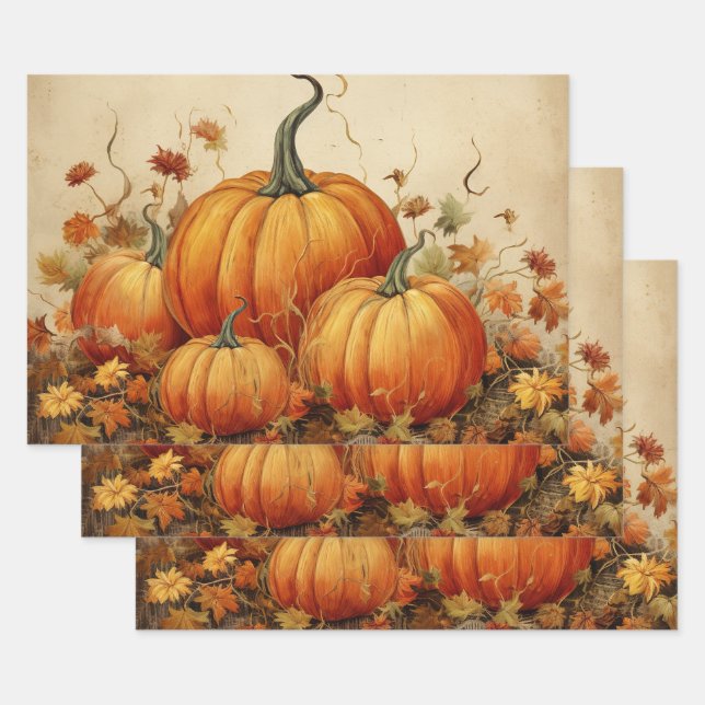 Feuille De Papier Cadeau Automne Rustique Orange Citrouille (Lot)