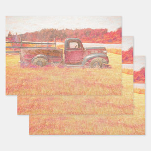 Feuille De Papier Cadeau Automne Vintage Rétro Russe Camion de ferme rouge