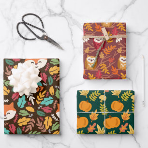 Feuille De Papier Cadeau Automne Woodland Automne Fox Owl Citrouille