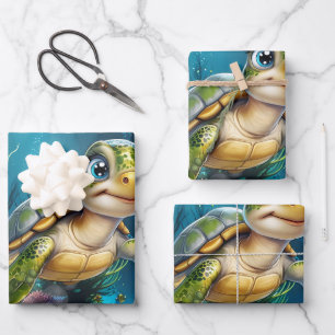 Feuille De Papier Cadeau Aventures sous-marines avec la tortue joyeuse.
