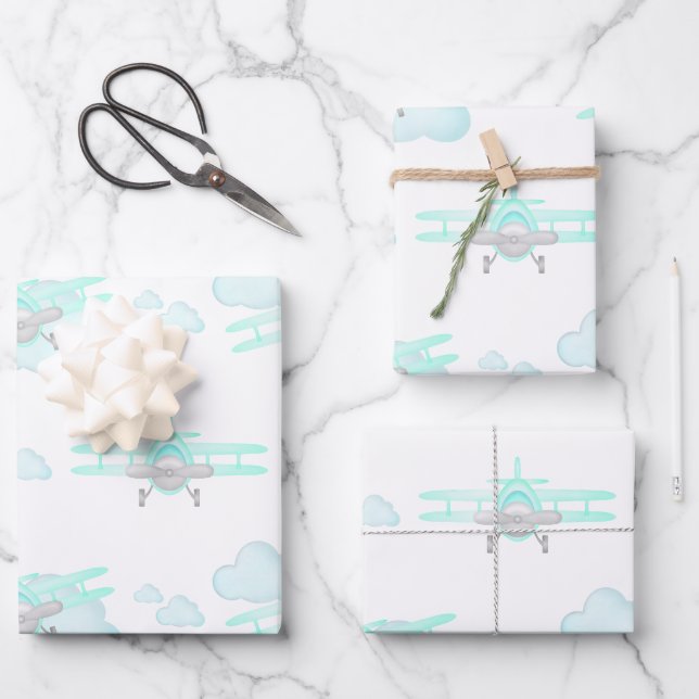 Feuille De Papier Cadeau Avion Bleu Enfants Vol Aéronautique Anniversaire (Recto)