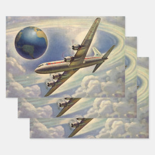 Feuille De Papier Cadeau Avion vintage volant autour du monde dans les nuag