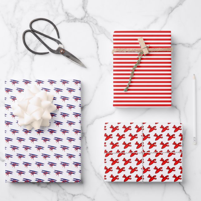 Feuille De Papier Cadeau Avions bleus et rouges Anniversaire (Recto)