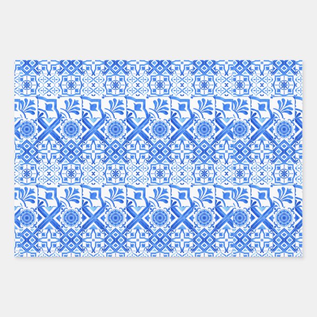 Feuille De Papier Cadeau Azulejo bleu et blanc Azul Motif Wrappi (Devant)