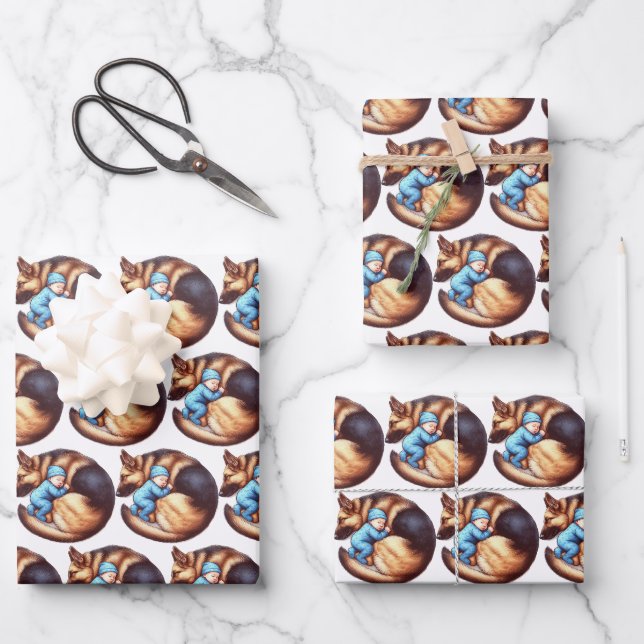 Feuille De Papier Cadeau Baby Boy et berger allemand (Recto)