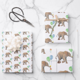 Feuille De Papier Cadeau Baby Elephant green & blue balloon Set x3.