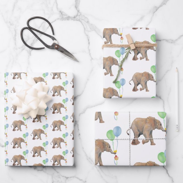 Feuille De Papier Cadeau Baby Elephant green & blue balloon Set x3. (Recto)