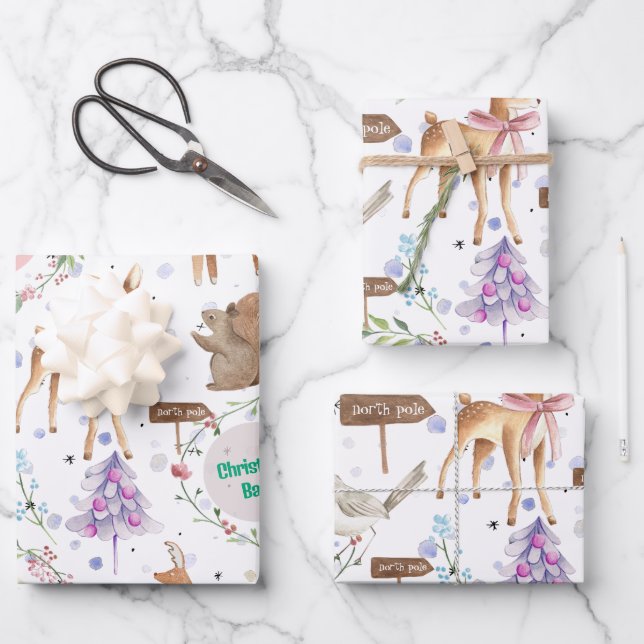 Feuille De Papier Cadeau Baby First Christmas Reindeer Ajouter Baby Name (Recto)