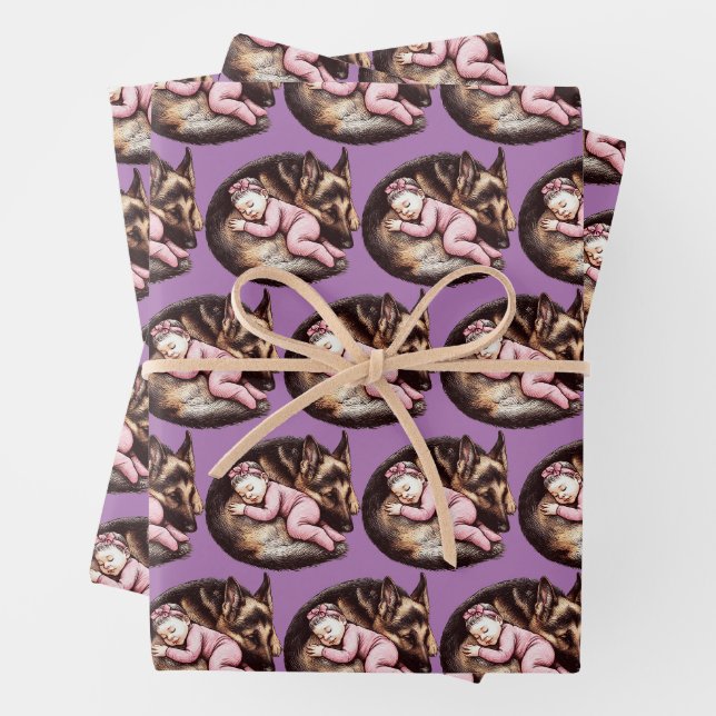Feuille De Papier Cadeau Baby Girl et berger allemand (En situation)