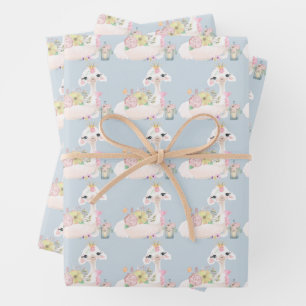 Feuille De Papier Cadeau Baby shower bébé Llama bleu et blanc