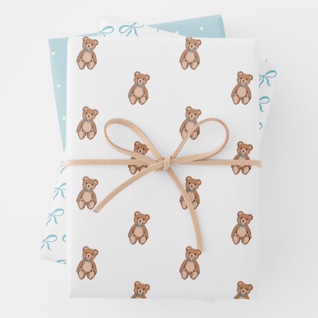 Feuille De Papier Cadeau Baby shower classique Teddy Bear Blue Bow (En situation)