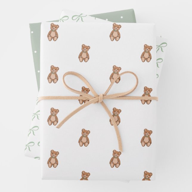 Feuille De Papier Cadeau Baby shower classique Teddy Bear Sage Green Bow (En situation)