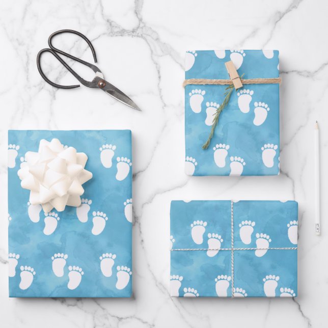 Feuille De Papier Cadeau Baby shower d'aquarelle bleu Motif d'empreinte (Recto)