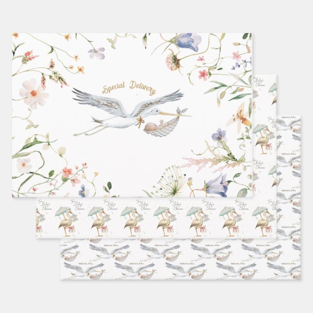 Feuille De Papier Cadeau Baby shower de ruban Fleur sauvage Stork (Lot)