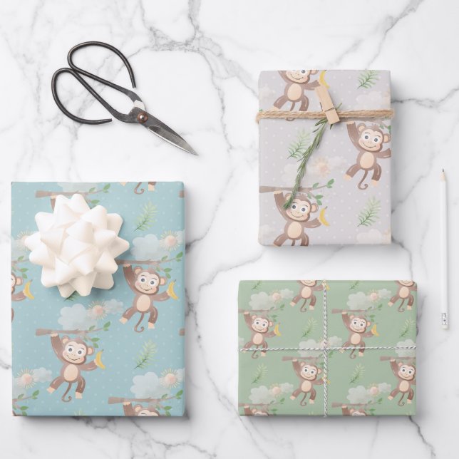 Feuille De Papier Cadeau Baby shower des nuages de singes verts bleu (Recto)