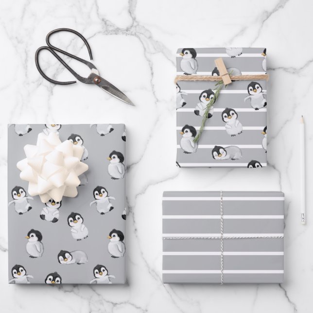 Feuille De Papier Cadeau Baby shower d'hiver de pingouin gris simple (Recto)