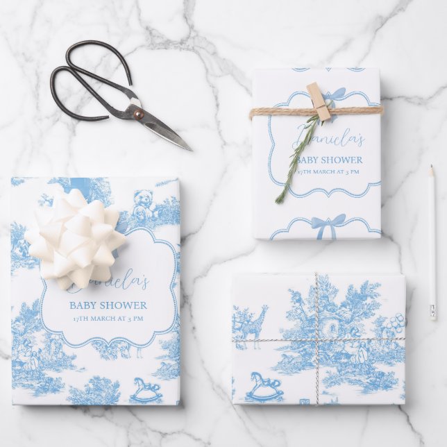 Feuille De Papier Cadeau Baby shower d'ours bleu bleu français (Recto)