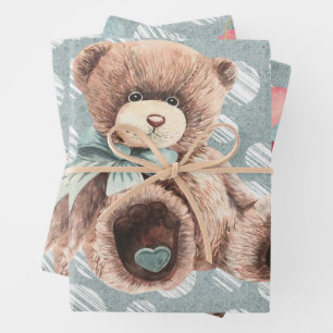 Feuille De Papier Cadeau Baby shower d'ours en peluche de camion Turquoise 