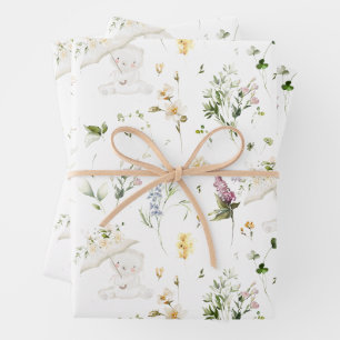 Feuille De Papier Cadeau Baby shower floral neutre pour les ours verts