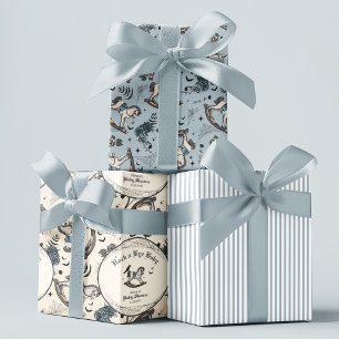Feuille De Papier Cadeau Baby shower gothique Bleu Victorien Rocking Horse