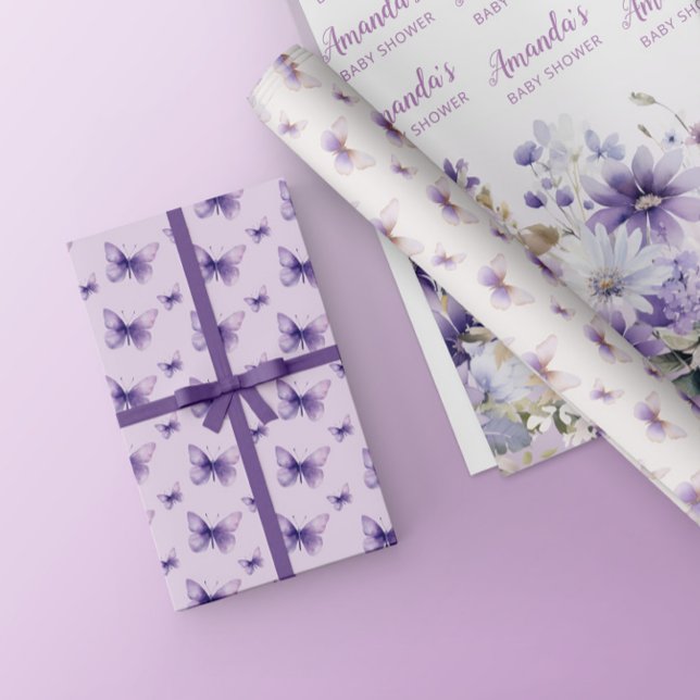 Feuille De Papier Cadeau Baby shower papillon floral pourpre Personnalisé (Créateur téléchargé)