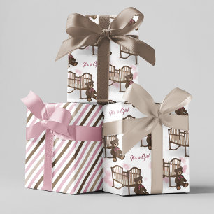 Feuille De Papier Cadeau Baby shower rose C'est une fille Teddy Bear