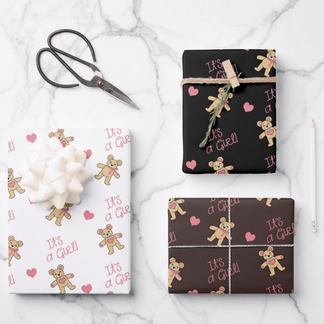 Feuille De Papier Cadeau Baby shower rose ours en peluche (Recto)