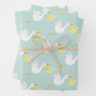 Feuille De Papier Cadeau Baby shower Unisex de cigogne jaune