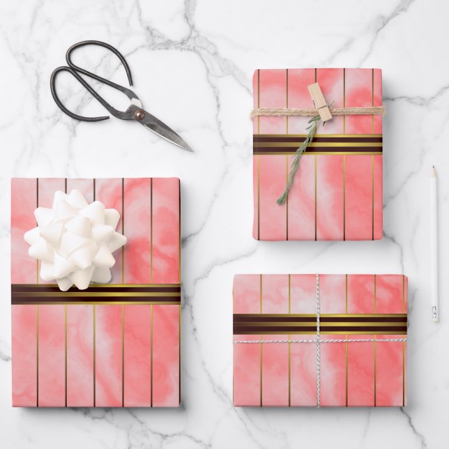 Feuille De Papier Cadeau Baies Géométriques Rouge Et Or Marbre Rose (Recto)